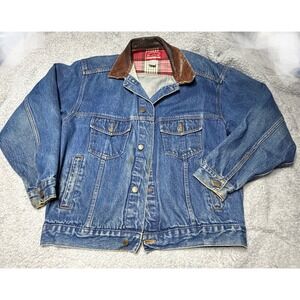 Vintage Marlboro Country Store Denim Jacket Leather Collar Plaid Lined Large